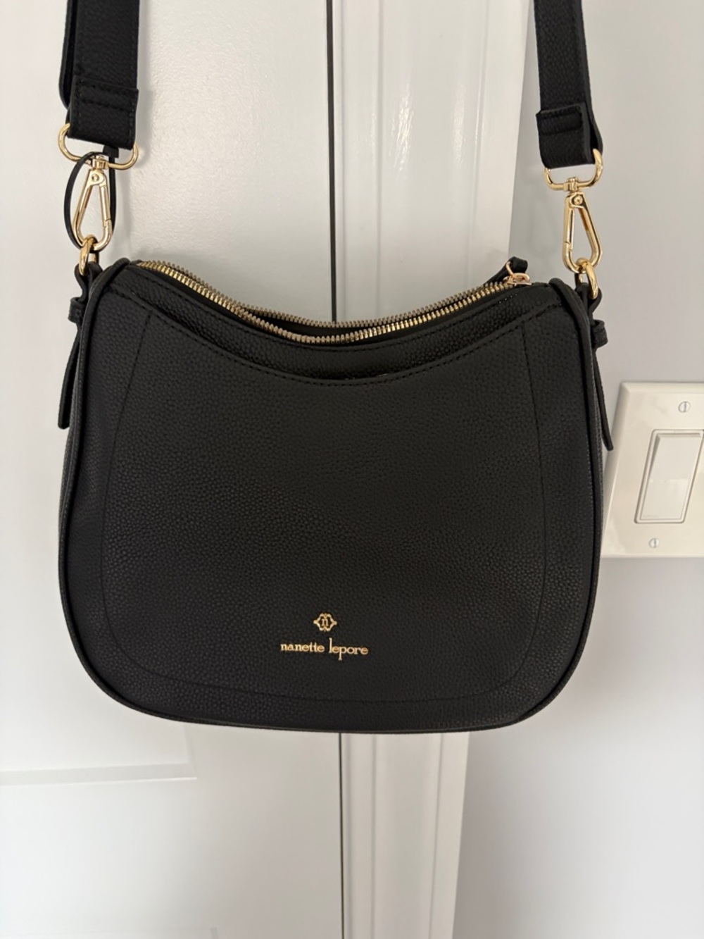 Nanette Lepore Black Pebbled Crossbody with Gold Hardware Accent